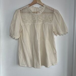 Mine Victorian Cream Crochet‎ Lace Neckline Short Sleeve Blouse, Size Small